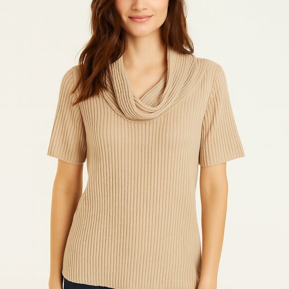 Jones New York Collection gold sparkle ribbed cowl neck short slv sweater L - Picture 2 of 8